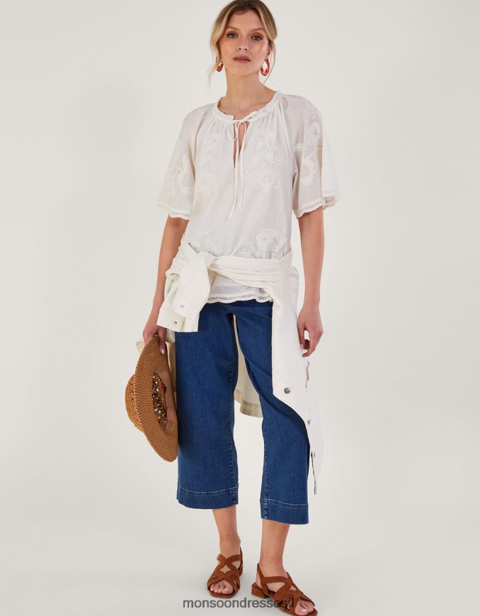 הַלבָּשָׁה Monsoon חלק עליון רקום עם שרוולים קצרים לבן נשים HTJ0TZ201