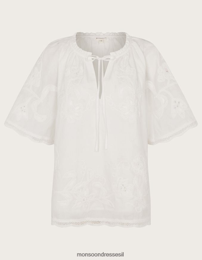 הַלבָּשָׁה Monsoon חלק עליון רקום עם שרוולים קצרים לבן נשים HTJ0TZ201
