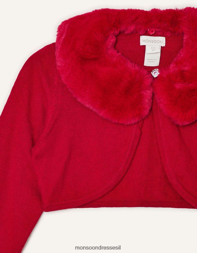 הַלבָּשָׁה Monsoon קרדיגן צווארון פרווה מלאכותי רך במיוחד אָדוֹם ילדה HTJ0TZ2031