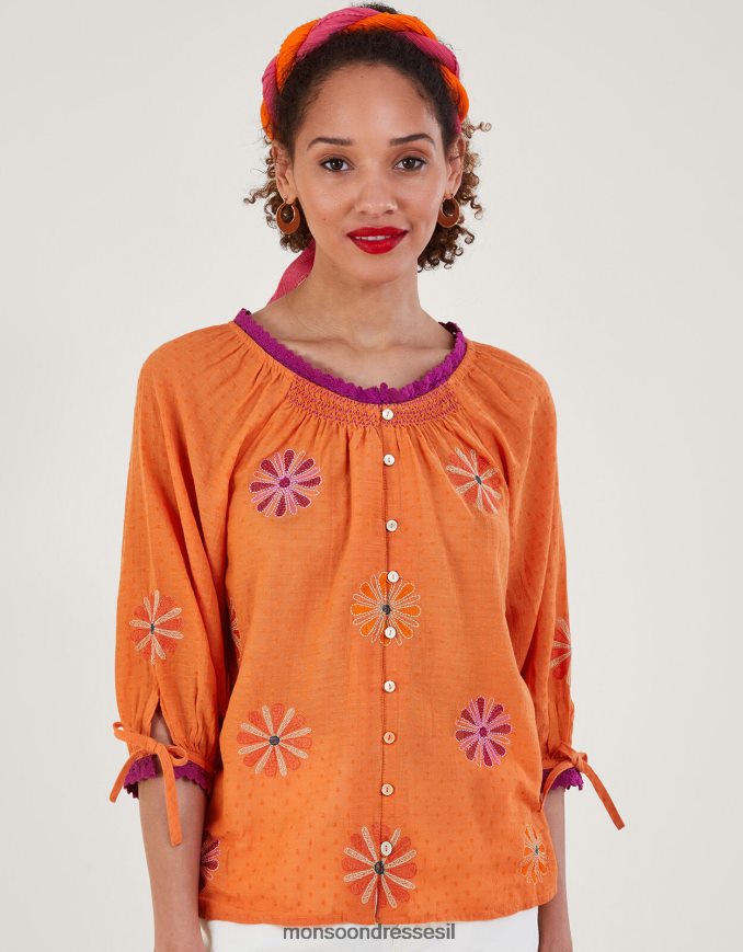 הַלבָּשָׁה Monsoon חלק עליון רקום עם כפתורים תפוז נשים HTJ0TZ212