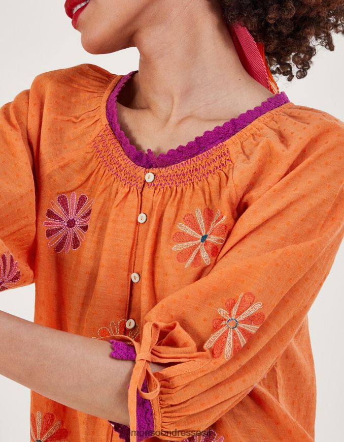 הַלבָּשָׁה Monsoon חלק עליון רקום עם כפתורים תפוז נשים HTJ0TZ212