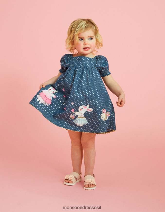 הַלבָּשָׁה Monsoon שמלת צ'מבריי כתמתית של נייר כסף לתינוק כְּחוֹל ילדה HTJ0TZ2142