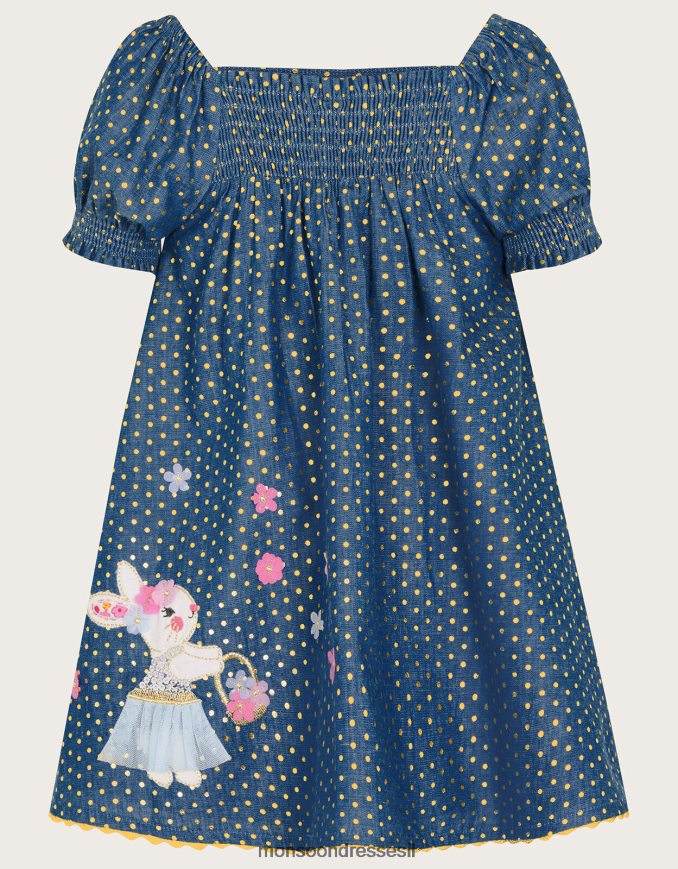 הַלבָּשָׁה Monsoon שמלת צ'מבריי כתמתית של נייר כסף לתינוק כְּחוֹל ילדה HTJ0TZ2142