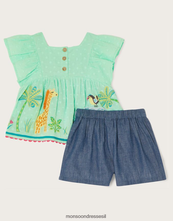 הַלבָּשָׁה Monsoon סט מכנסיים קצרים לתינוק דובי ג'ונגל בעלי חיים ירוק (מנטה) ילדה HTJ0TZ2164