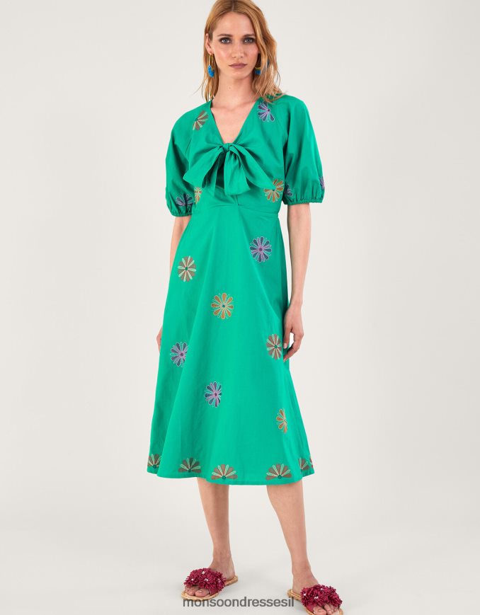 הַלבָּשָׁה Monsoon שמלת מידי רקומה פרח ירוק נשים HTJ0TZ222