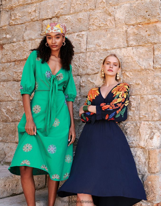 הַלבָּשָׁה Monsoon שמלת מידי רקומה פרח ירוק נשים HTJ0TZ222