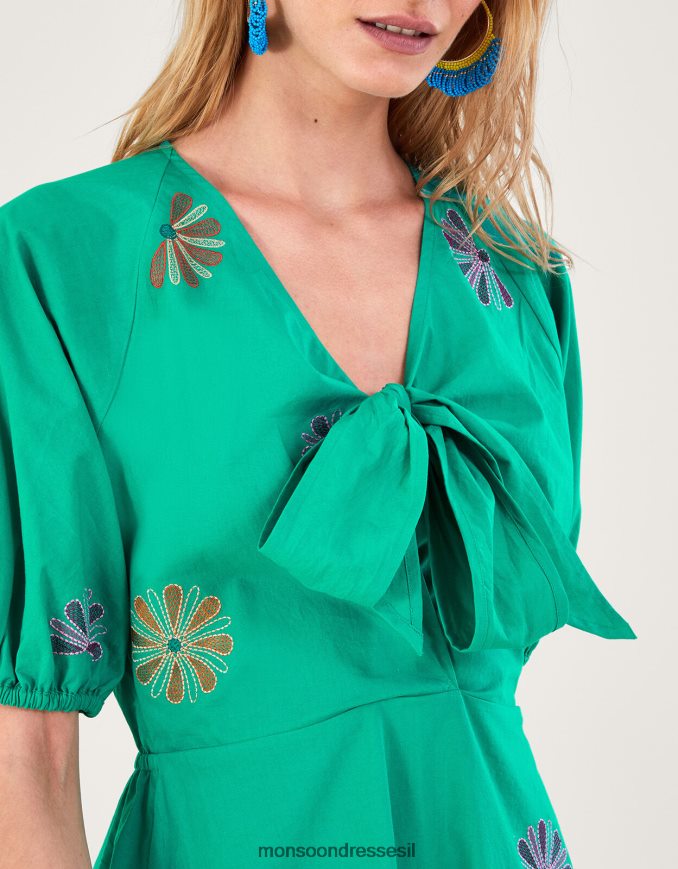 הַלבָּשָׁה Monsoon שמלת מידי רקומה פרח ירוק נשים HTJ0TZ222