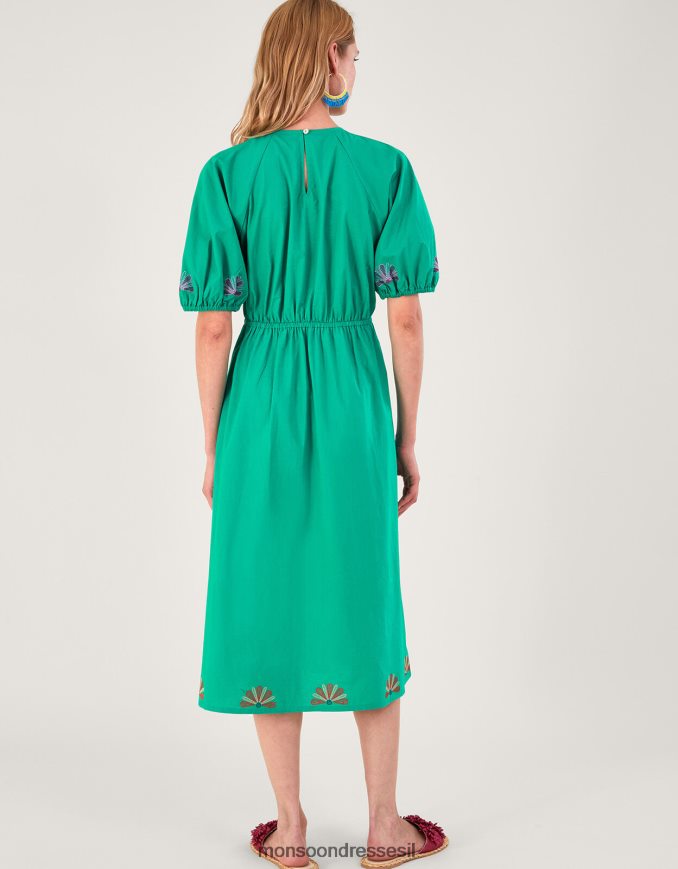הַלבָּשָׁה Monsoon שמלת מידי רקומה פרח ירוק נשים HTJ0TZ222