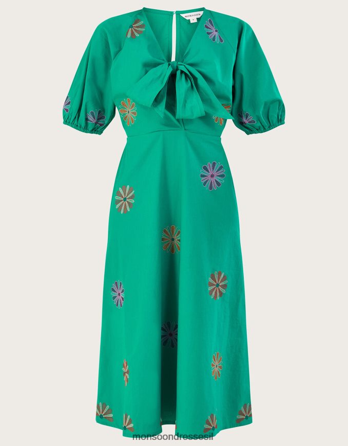 הַלבָּשָׁה Monsoon שמלת מידי רקומה פרח ירוק נשים HTJ0TZ222