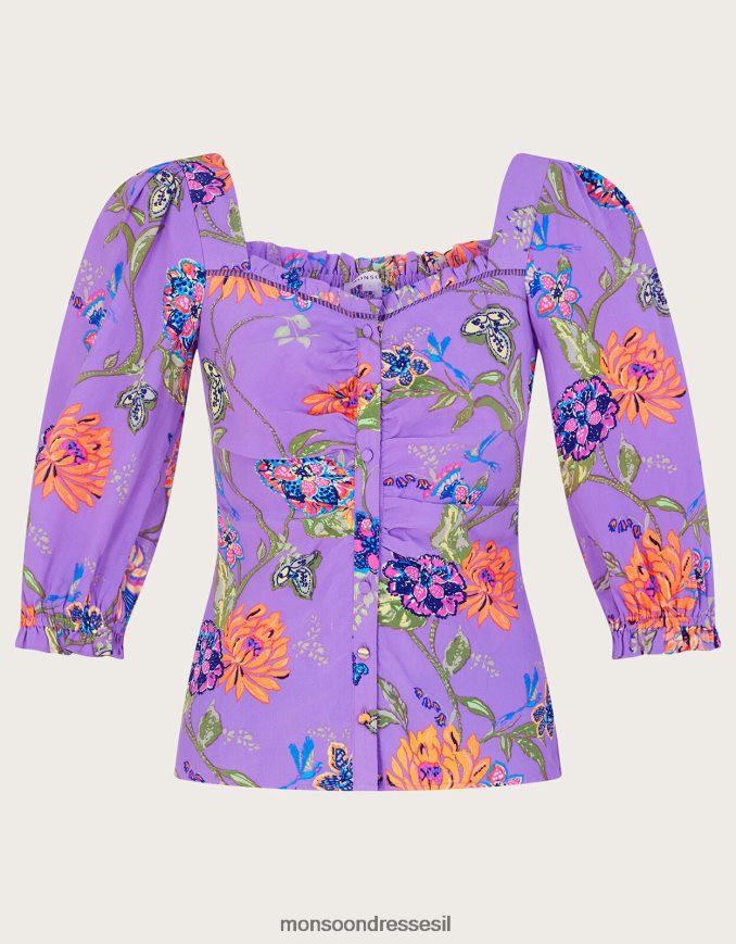 הַלבָּשָׁה Monsoon חלק עליון עם שרוול נפוח בהדפס רג'ינה סגול (לילך) נשים HTJ0TZ232