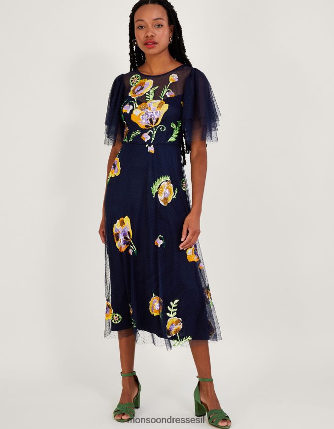 הַלבָּשָׁה Monsoon שמלת מידי מקושטת של קלאודיה כחול (צי) נשים HTJ0TZ239