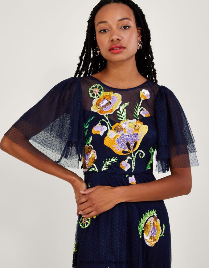 הַלבָּשָׁה Monsoon שמלת מידי מקושטת של קלאודיה כחול (צי) נשים HTJ0TZ239