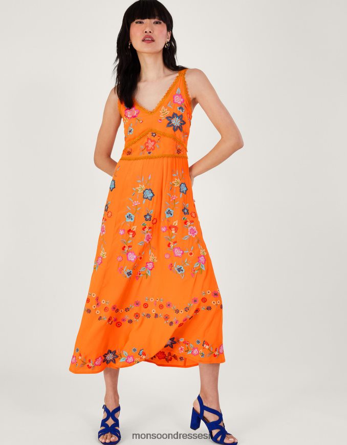 הַלבָּשָׁה Monsoon שמלת קאמי פרחונית רקומה של ליאנה בוויסקוזה בת קיימא תפוז נשים HTJ0TZ243