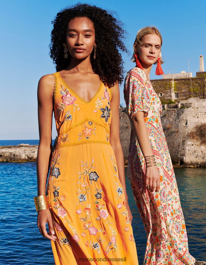 הַלבָּשָׁה Monsoon שמלת קאמי פרחונית רקומה של ליאנה בוויסקוזה בת קיימא תפוז נשים HTJ0TZ243