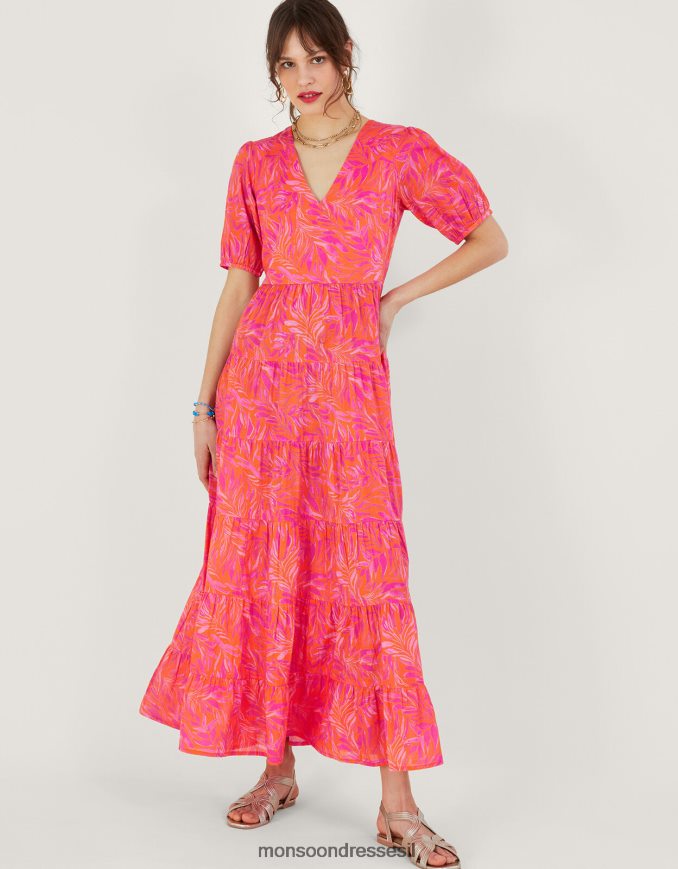 הַלבָּשָׁה Monsoon שמלת מקסי מדורגת בהדפס עלים תפוז נשים HTJ0TZ248
