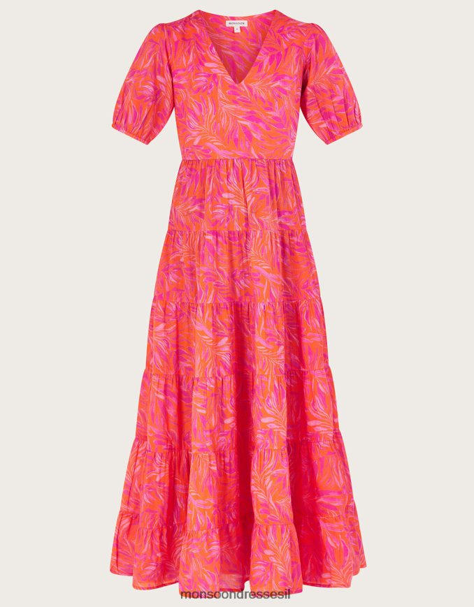 הַלבָּשָׁה Monsoon שמלת מקסי מדורגת בהדפס עלים תפוז נשים HTJ0TZ248