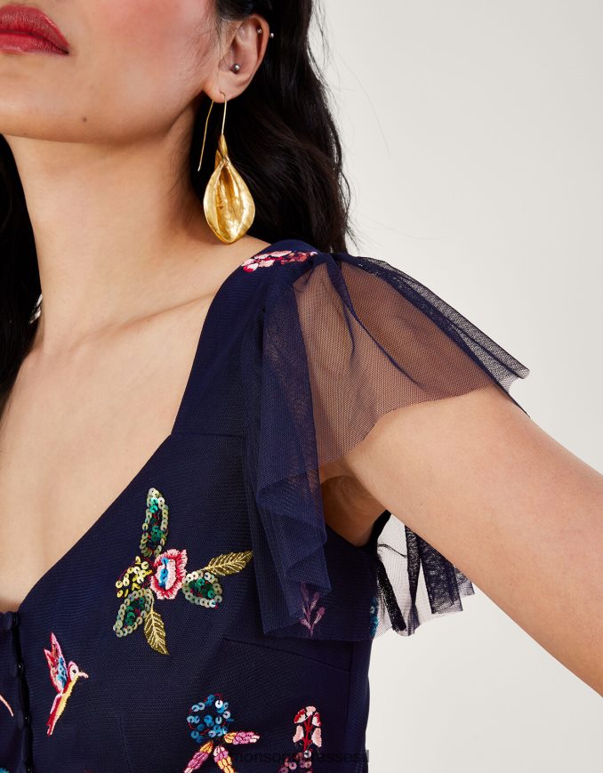 הַלבָּשָׁה Monsoon שמלת תה מעוטרת של הלנה מפוליאסטר ממוחזר כחול (צי) נשים HTJ0TZ25