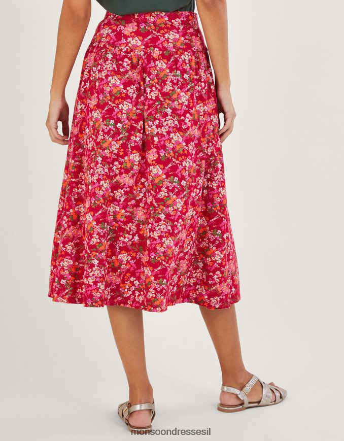 הַלבָּשָׁה Monsoon חצאית עם הדפס פרחוני בתערובת פשתן אָדוֹם נשים HTJ0TZ261