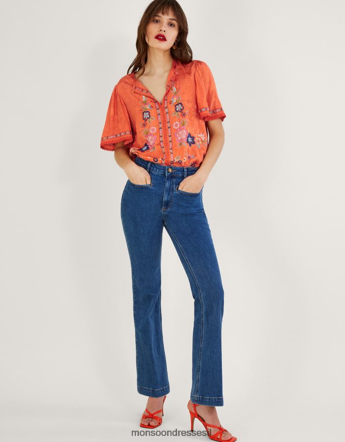 הַלבָּשָׁה Monsoon חלק עליון פרחוני רקום בוויסקוזה בר-קיימא תפוז נשים HTJ0TZ262