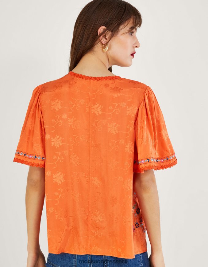 הַלבָּשָׁה Monsoon חלק עליון פרחוני רקום בוויסקוזה בר-קיימא תפוז נשים HTJ0TZ262