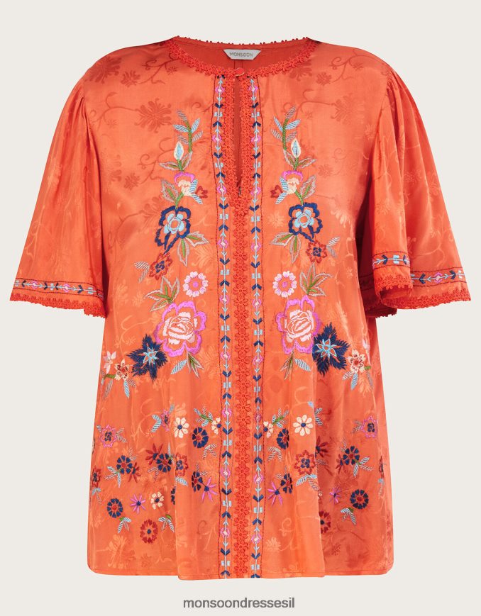 הַלבָּשָׁה Monsoon חלק עליון פרחוני רקום בוויסקוזה בר-קיימא תפוז נשים HTJ0TZ262