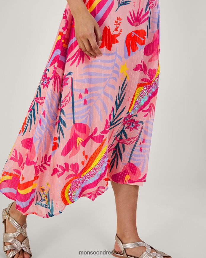 הַלבָּשָׁה Monsoon שמלה מתכתית מעוטרת סיינה עם פוליאסטר ממוחזר וָרוֹד נשים HTJ0TZ264