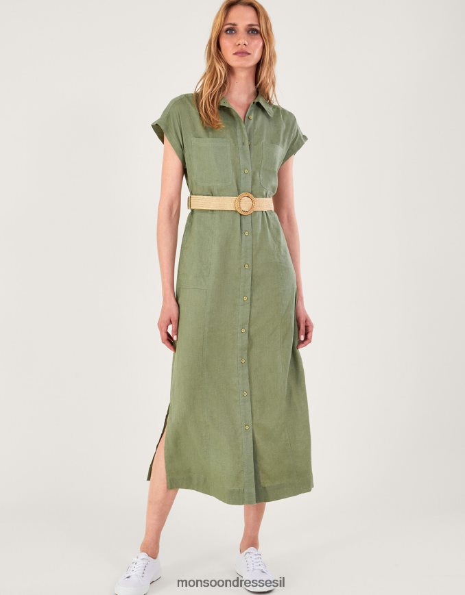 הַלבָּשָׁה Monsoon שמלת מידי חגורה בתערובת פשתן ירוק (חאקי) נשים HTJ0TZ269