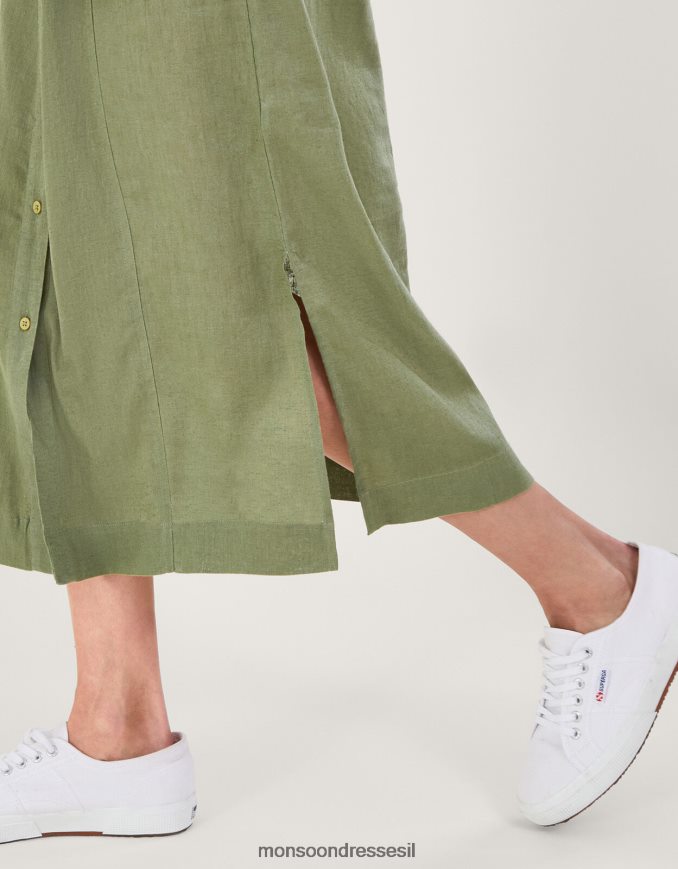 הַלבָּשָׁה Monsoon שמלת מידי חגורה בתערובת פשתן ירוק (חאקי) נשים HTJ0TZ269