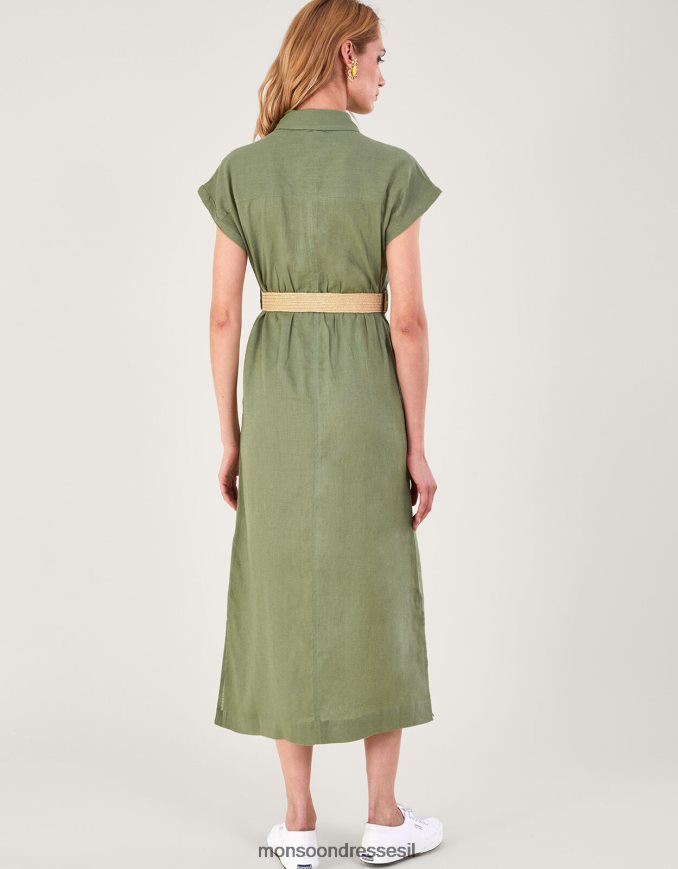 הַלבָּשָׁה Monsoon שמלת מידי חגורה בתערובת פשתן ירוק (חאקי) נשים HTJ0TZ269