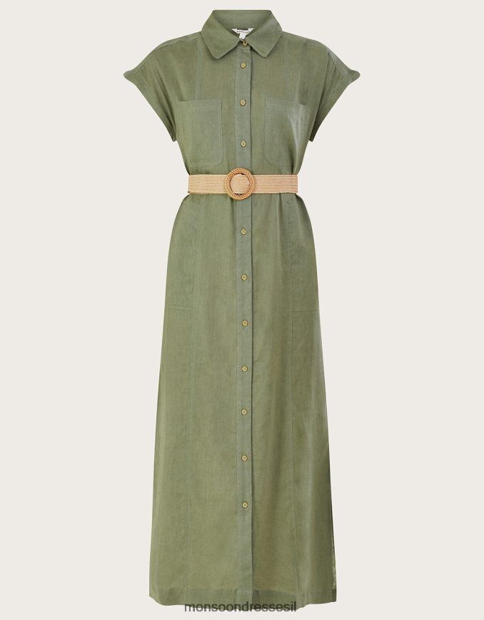 הַלבָּשָׁה Monsoon שמלת מידי חגורה בתערובת פשתן ירוק (חאקי) נשים HTJ0TZ269