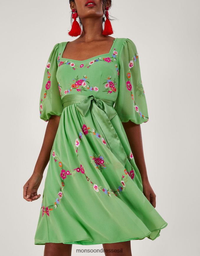 הַלבָּשָׁה Monsoon שמלה רקומה פרחונית של אמיליה בפוליאסטר ממוחזר ירוק נשים HTJ0TZ270