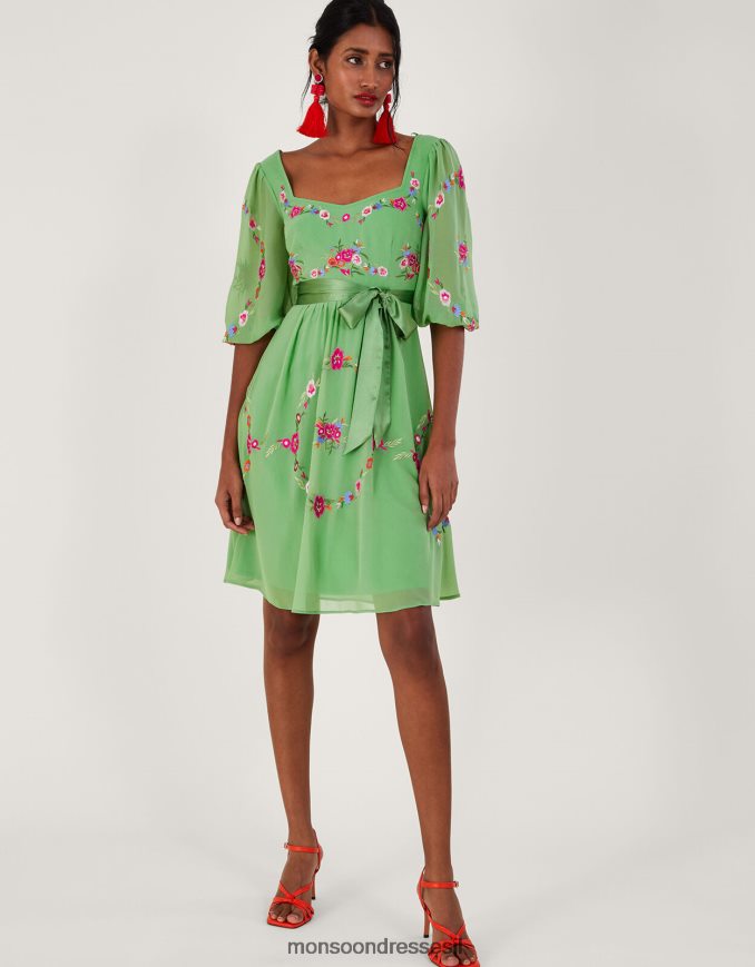 הַלבָּשָׁה Monsoon שמלה רקומה פרחונית של אמיליה בפוליאסטר ממוחזר ירוק נשים HTJ0TZ270