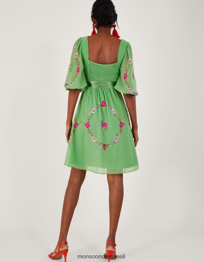 הַלבָּשָׁה Monsoon שמלה רקומה פרחונית של אמיליה בפוליאסטר ממוחזר ירוק נשים HTJ0TZ270