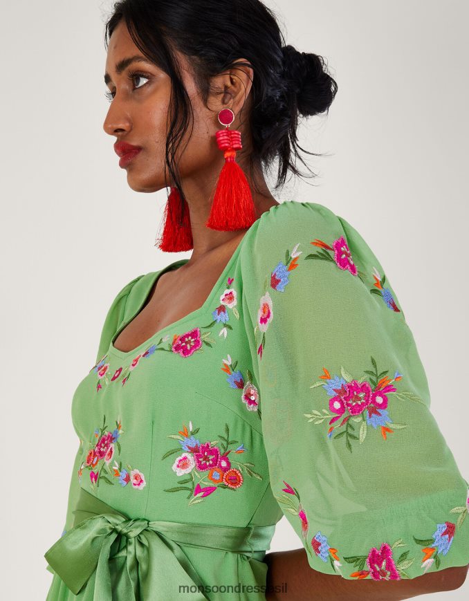 הַלבָּשָׁה Monsoon שמלה רקומה פרחונית של אמיליה בפוליאסטר ממוחזר ירוק נשים HTJ0TZ270