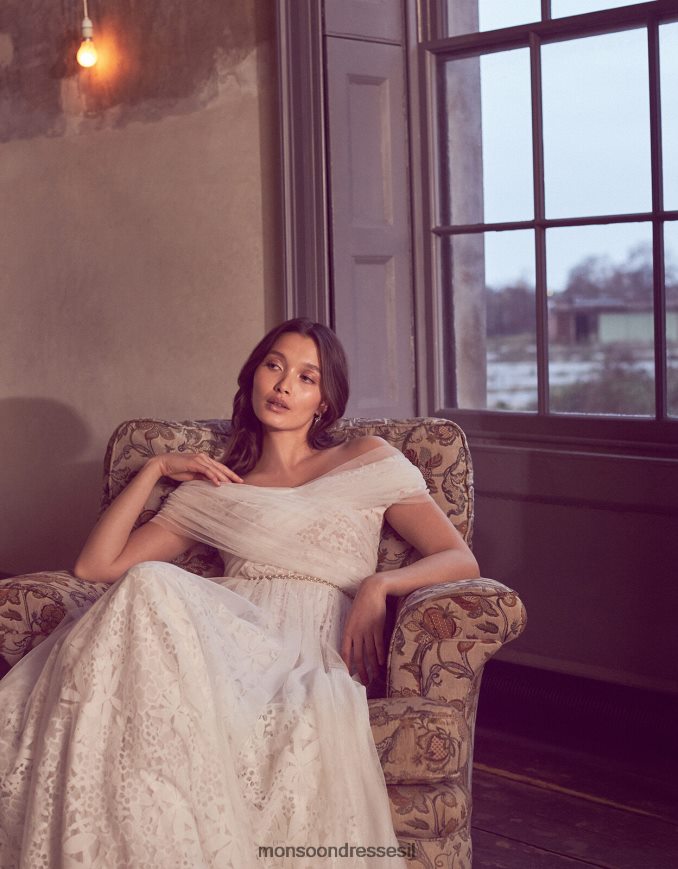 הַלבָּשָׁה Monsoon שמלת כלה של לורי תחרה וטול ברדו שֶׁנהָב נשים HTJ0TZ2742