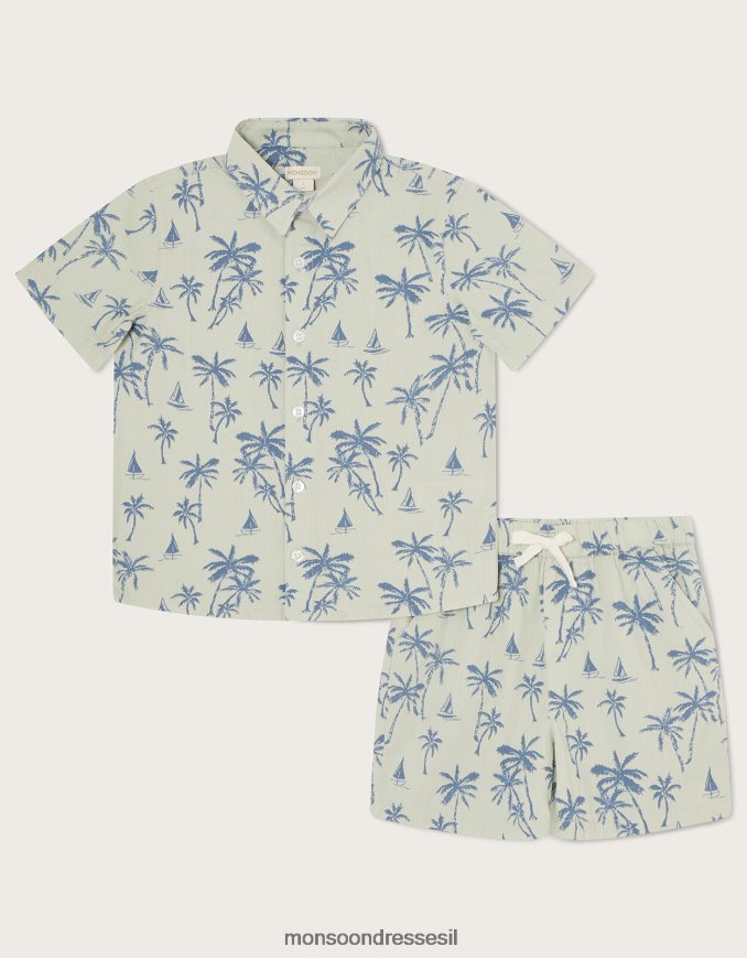 הַלבָּשָׁה Monsoon סט חולצת פופלין ומכנסיים קצרים בהדפס כף היד ירוק יֶלֶד HTJ0TZ2755