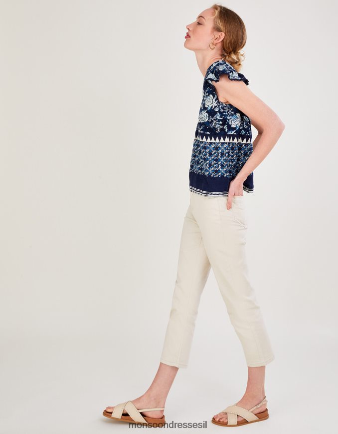 הַלבָּשָׁה Monsoon טופ ג'רסי עם הדפס פרחים מכותנה בת קיימא כחול (צי) נשים HTJ0TZ2781