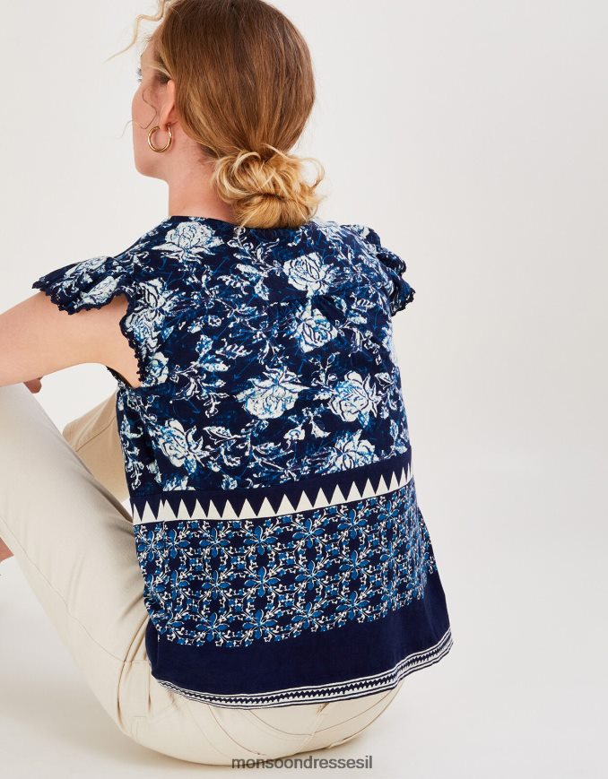 הַלבָּשָׁה Monsoon טופ ג'רסי עם הדפס פרחים מכותנה בת קיימא כחול (צי) נשים HTJ0TZ2781