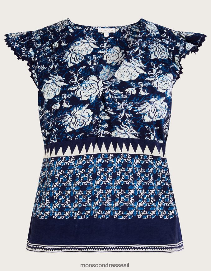 הַלבָּשָׁה Monsoon טופ ג'רסי עם הדפס פרחים מכותנה בת קיימא כחול (צי) נשים HTJ0TZ2781