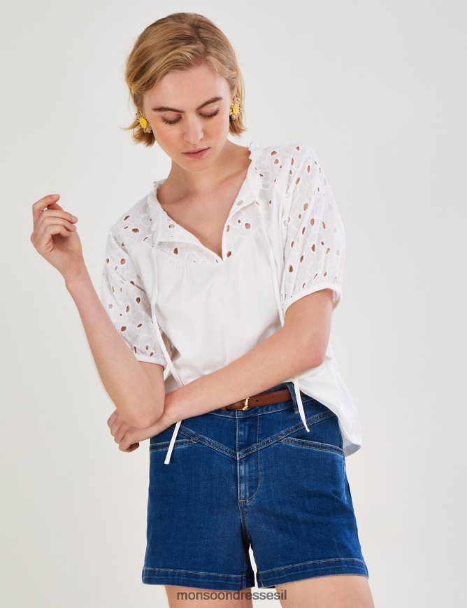 הַלבָּשָׁה Monsoon חולצת ג'רסי עם שרוולים ברודרי מכותנה בת קיימא שֶׁנהָב נשים HTJ0TZ2785