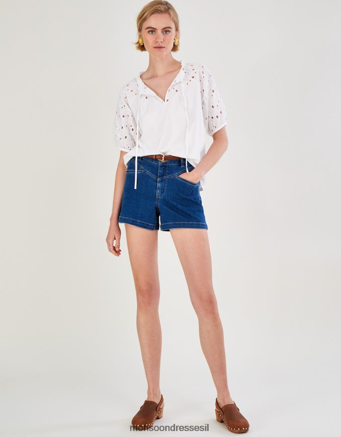 הַלבָּשָׁה Monsoon חולצת ג'רסי עם שרוולים ברודרי מכותנה בת קיימא שֶׁנהָב נשים HTJ0TZ2785