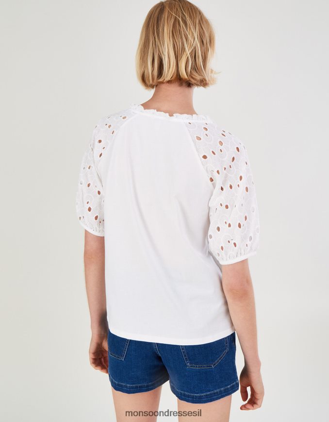 הַלבָּשָׁה Monsoon חולצת ג'רסי עם שרוולים ברודרי מכותנה בת קיימא שֶׁנהָב נשים HTJ0TZ2785