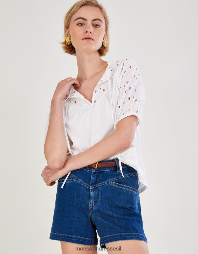 הַלבָּשָׁה Monsoon חולצת ג'רסי עם שרוולים ברודרי מכותנה בת קיימא שֶׁנהָב נשים HTJ0TZ2785