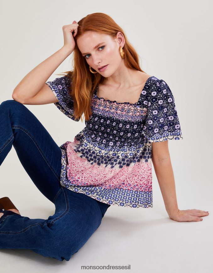 הַלבָּשָׁה Monsoon טופ ג'רסי עם הדפס פרחוני עם כותנה בת קיימא כְּחוֹל נשים HTJ0TZ2786