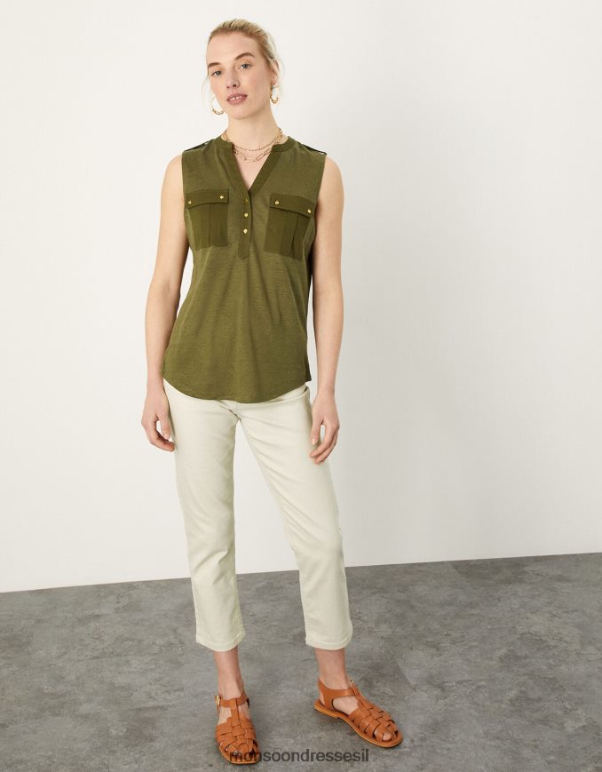 הַלבָּשָׁה Monsoon גופיית פשתן ארוגה ירוק (חאקי) נשים HTJ0TZ2789