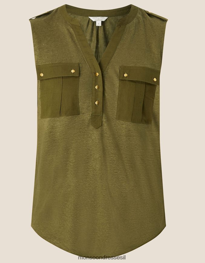 הַלבָּשָׁה Monsoon גופיית פשתן ארוגה ירוק (חאקי) נשים HTJ0TZ2789