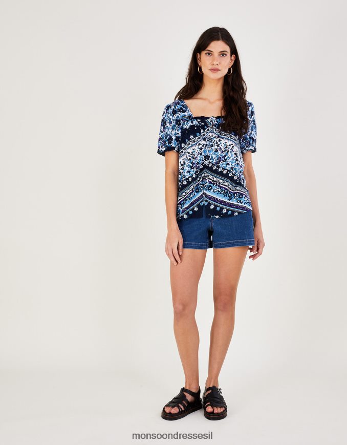 הַלבָּשָׁה Monsoon חולצת צווארון מרובעת בהדפס פייזלי פרחוני כחול (צי) נשים HTJ0TZ2792