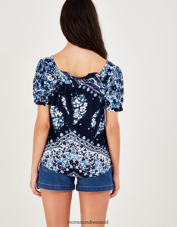 הַלבָּשָׁה Monsoon חולצת צווארון מרובעת בהדפס פייזלי פרחוני כחול (צי) נשים HTJ0TZ2792