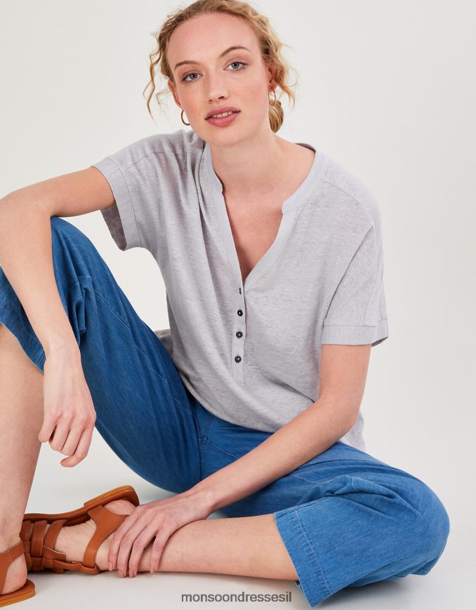 הַלבָּשָׁה Monsoon טופ ג'רסי עם שרוולים קצרים בפירוט כפתורים אפור נשים HTJ0TZ2794