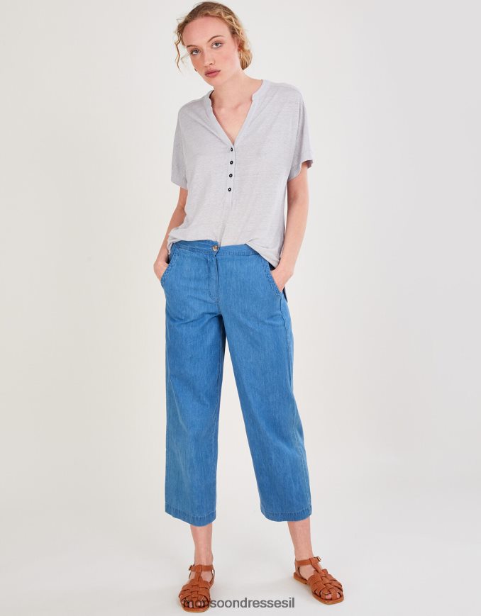 הַלבָּשָׁה Monsoon טופ ג'רסי עם שרוולים קצרים בפירוט כפתורים אפור נשים HTJ0TZ2794